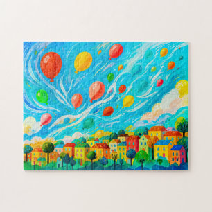 Farbige Häuser mit Ballons in einem windigen Himme Puzzle