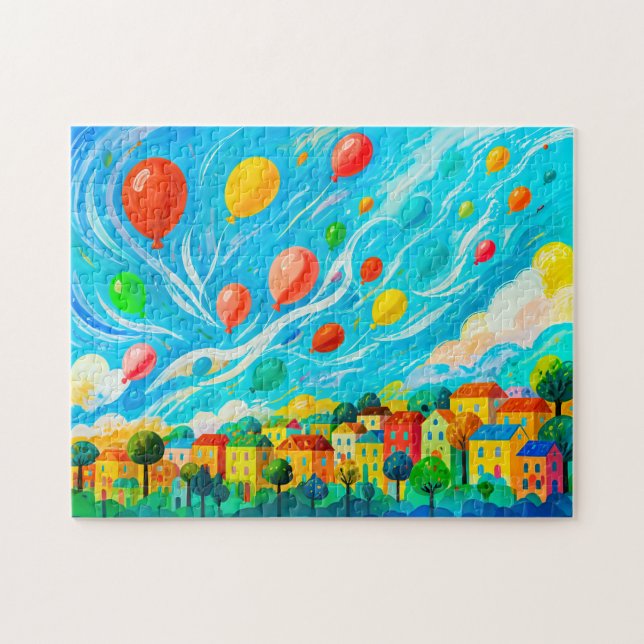 Farbige Häuser mit Ballons in einem windigen Himme Puzzle (Horizontal)