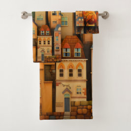 Farbige Häuser und Bäume im Herbst Badhandtuch Set
