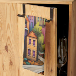 Farbige Häuser und Bäume im Herbst Geschirrtuch