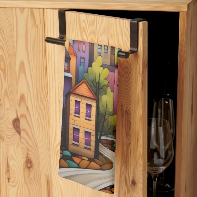 Farbige Häuser und Bäume im Herbst Geschirrtuch (Drittel gefaltet)