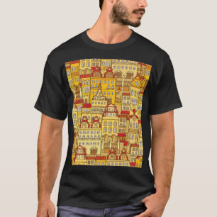 Farbige Häuser Vintage-Stadtmuster T-Shirt