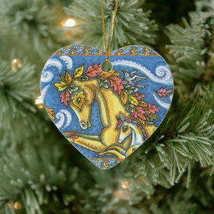 FARBIGE HERBSTBLÄTTER AUF WHIMSICAL PFERD & FÜLLEN KERAMIK ORNAMENT