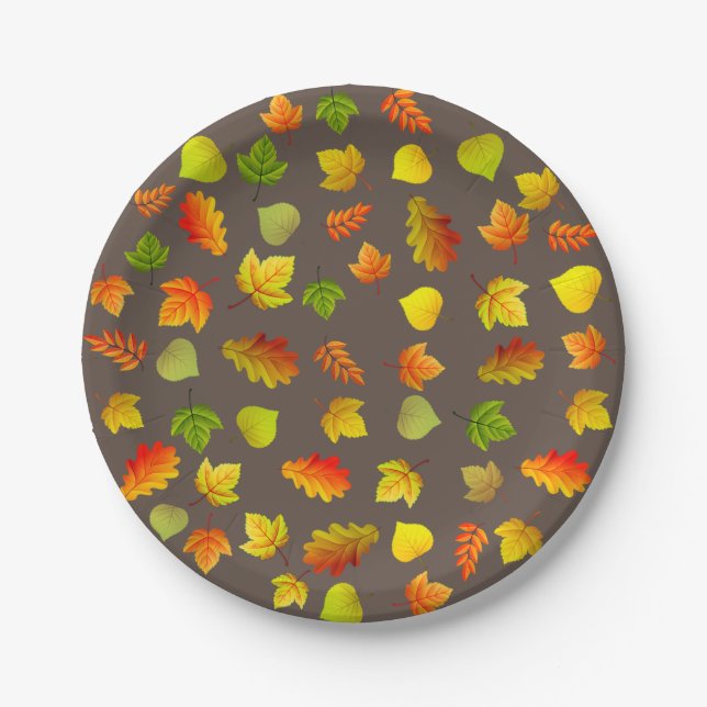 Farbige Herbstblätter für Erntedank auf braun Pappteller (Vorderseite)