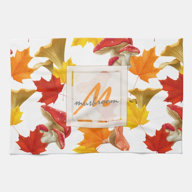 Farbige Herbstblätter und Mushroom-Monogramm Geschirrtuch (Horizontal)