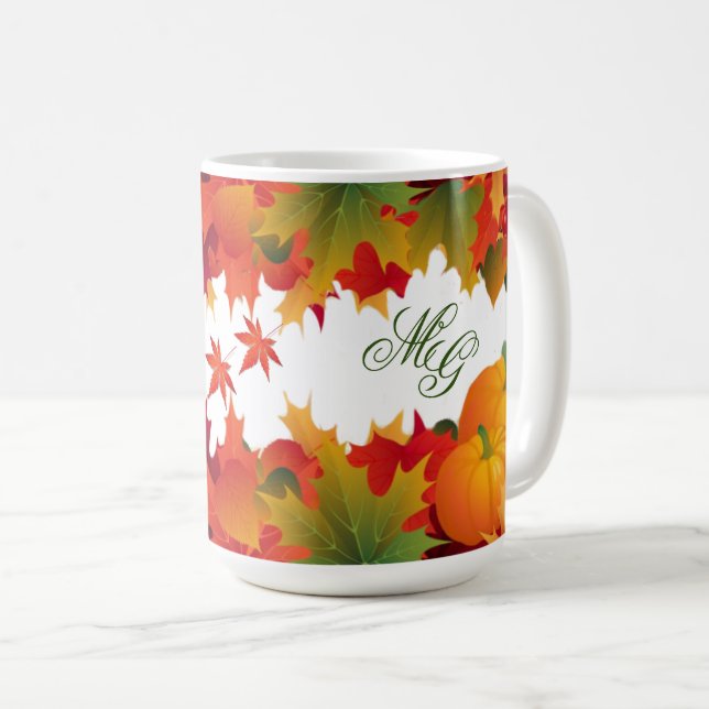 farbige Herbstlaub und Pumpkins Monogram Kaffeetasse (VorderseiteRechts)