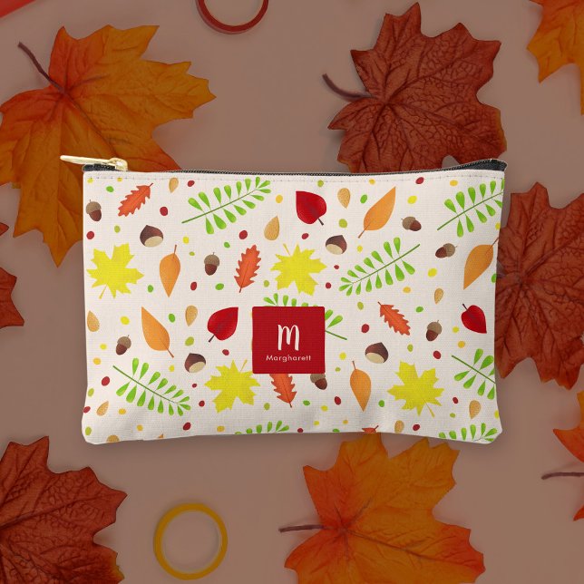Farbige Herbstlaube mit individuelle Name Zubehörtasche (Colourful fall leaves personalised pouch with custom name and monogram)