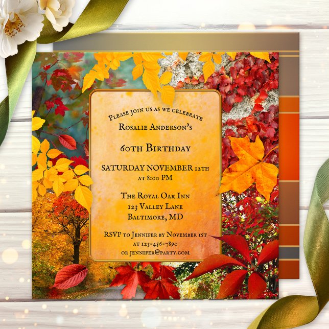 Farbige Herbstlaube zum Geburtstag oder zur Pensio Einladung (Artistic boho chic fall birthday party invitation with colorful autumn leaves - or retirement!)