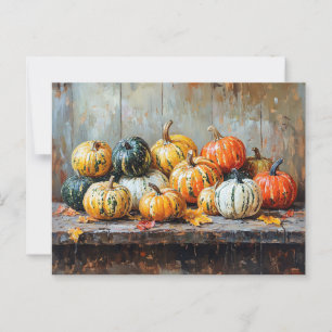 Farbige Herbstpumpen auf rustikalen Tischen Postkarte