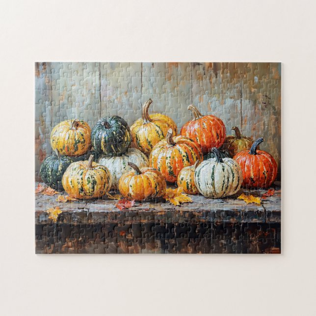 Farbige Herbstpumpen auf rustikalen Tischen Puzzle (Horizontal)