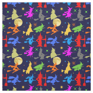 Farbige Hexen fliegen am nächtlichen Halloween-Mus Stoff