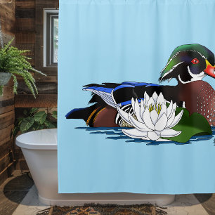 Farbige Holzente Wasserlilie Wildtier Blau Duschvorhang