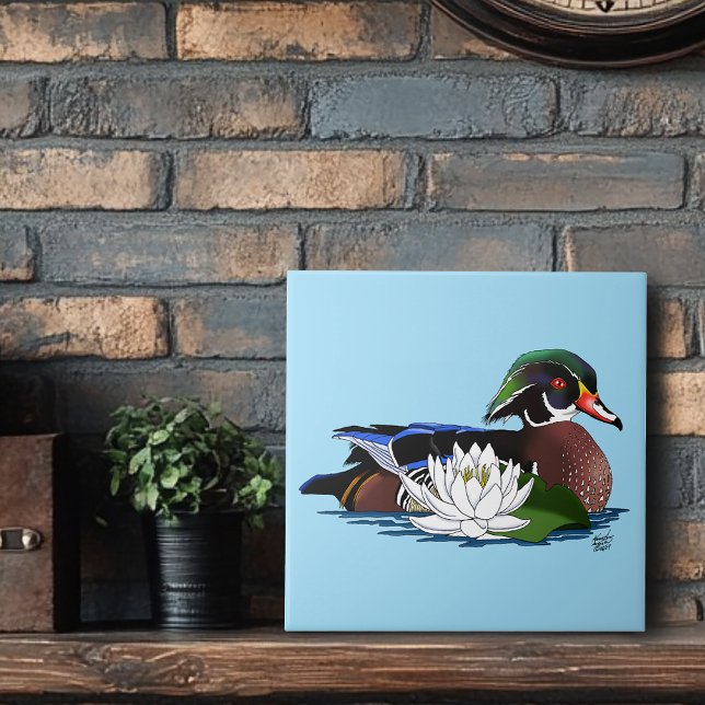 Farbige Holzente Wasserlilie Wildtier Blau Fliese (Von Creator hochgeladen)