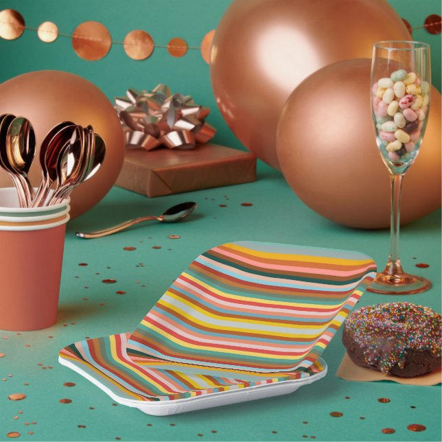 Farbige horizontale Retrostreifen Pappteller (Multi)