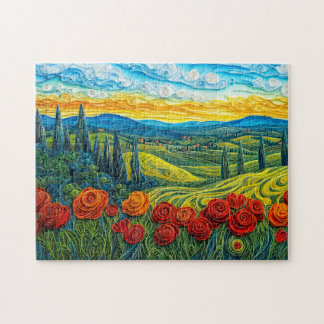 Farbige Hügellandschaft mit Mohnfeld Puzzle