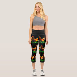Farbige Hühner Brown Red Green Capri Leggings