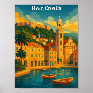 Farbige Hvar Kroatien Vintage Reise Kunst Poster