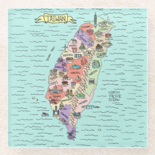 Farbige Illustrierte Taiwan Map Glas Untersetzer
