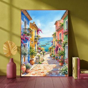 Farbige italienische Küstenort-Gasse Ozean  Poster