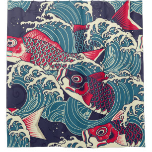Farbige japanische Koi-/Karpfenfische im Wellennah Duschvorhang