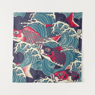 Farbige japanische Koi/Karpfenfische in der wellen Wandteppich