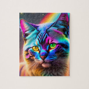 Farbige Katze mit Regenbogenfarben, Neonlicht, Kat Puzzle