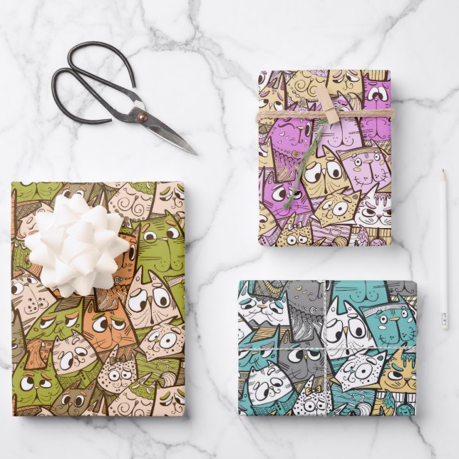 Farbige Katzen Geschenkpapier Set (Vorderseite)