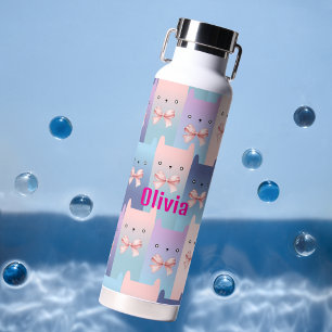 Farbige Katzen & rosa Schleifen, Wasserfarbe Perso Trinkflasche