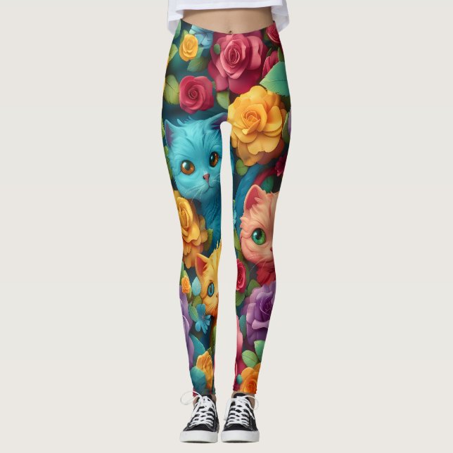 Farbige Katzen und Blume niedliches Design Leggings (Vorderseite)