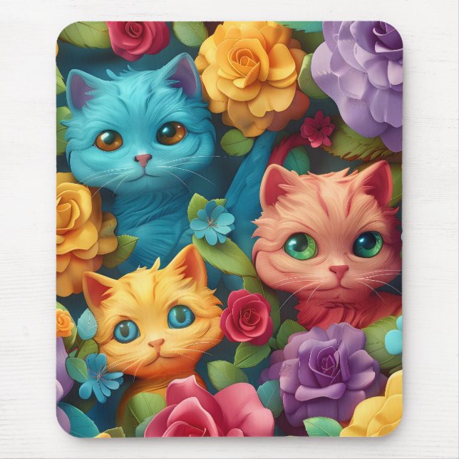 Farbige Katzen und Blume niedliches Design Mousepad (Vorne)