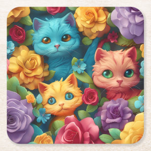 Farbige Katzen und Blume niedliches Design Rechteckiger Pappuntersetzer