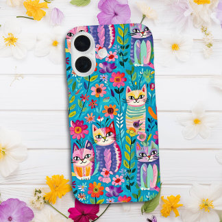 Farbige Katzen und Blume Whimsical Happy iPhone 16 Hülle