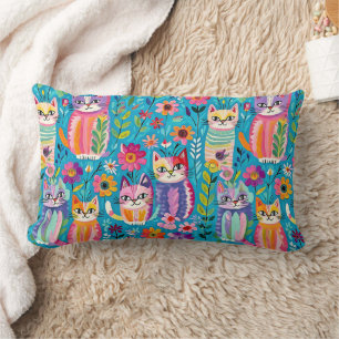 Farbige Katzen und Blume Whimsical Happy Lendenkissen