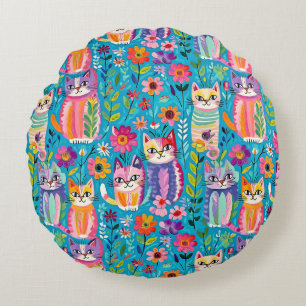 Farbige Katzen und Blume Whimsical Happy Rundes Kissen