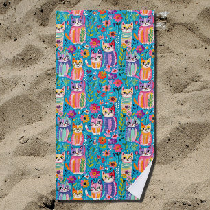 Farbige Katzen und Blume Whimsical Happy Strandtuch