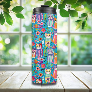 Farbige Katzen und Blume Whimsical Happy Thermosbecher
