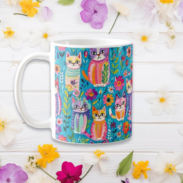 Farbige Katzen und Blume Whimsischer Geburtstag Kaffeetasse (Von Creator hochgeladen)
