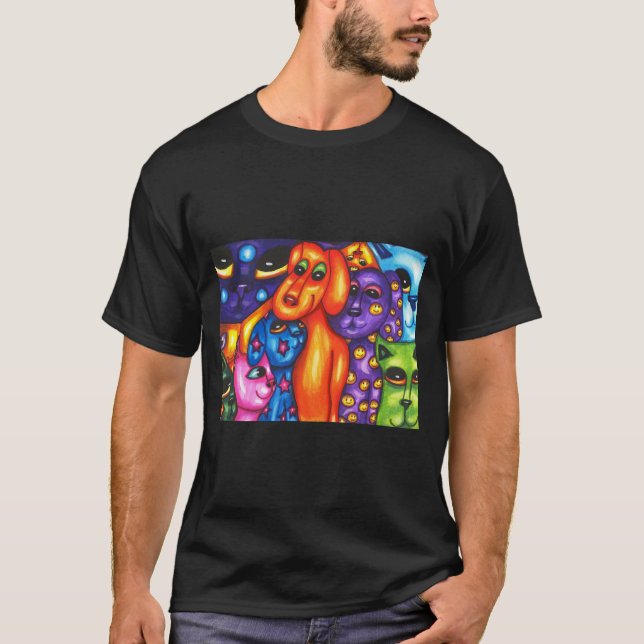 farbige Katzen und Hunde abstrakte Originalkunst T-Shirt (Vorderseite)