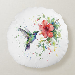 Farbige Kolibri-Wasserfarben-Blumen-Naturkunst Rundes Kissen