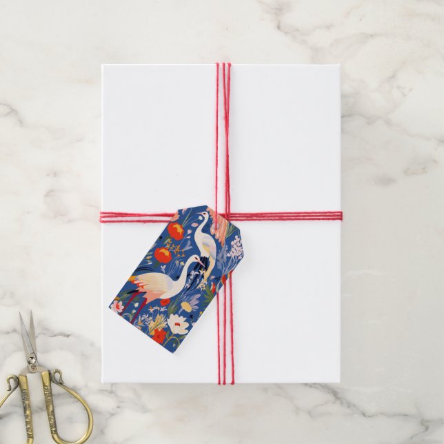Farbige Krane und Blume Hübsches Muster Geschenkanhänger (Mit Garn)