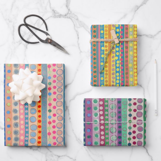 Farbige Kreise und Streifen Geschenkpapier Set (Vorderseite)