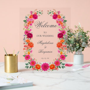 Farbige, kühne rosa und orangefarbene florale Hoch Acrylschild