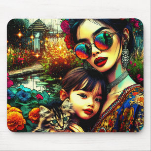 Farbige Kunst Mutter und Tochter asiatischer Blume Mousepad