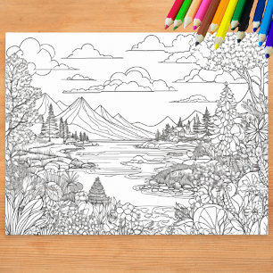 Farbige Landschaft See Berge Szene Ausmalen Poster
