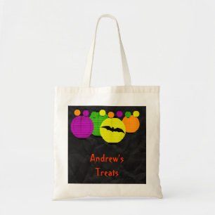 Farbige Laternen & schwarze Fledermaus Halloween-L Tragetasche