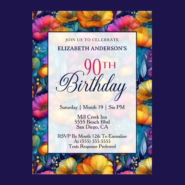 Farbige Lebendige Mohnblume 90. Geburtstag Einladung (Colorful vibrant poppy flowers 90th birthday invitation for woman milestone celebration
)