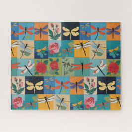 Farbige Libellen und Rosen Patchwork Puzzle