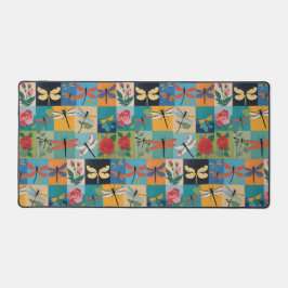 Farbige Libellen und Rosen Patchwork Schreibtischunterlage
