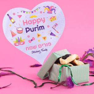 Farbige Lila Kinder Hebräisches Happy Purim Herz-Aufkleber