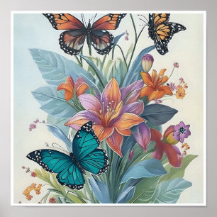 Farbige Lilien und Schmetterlinge Poster